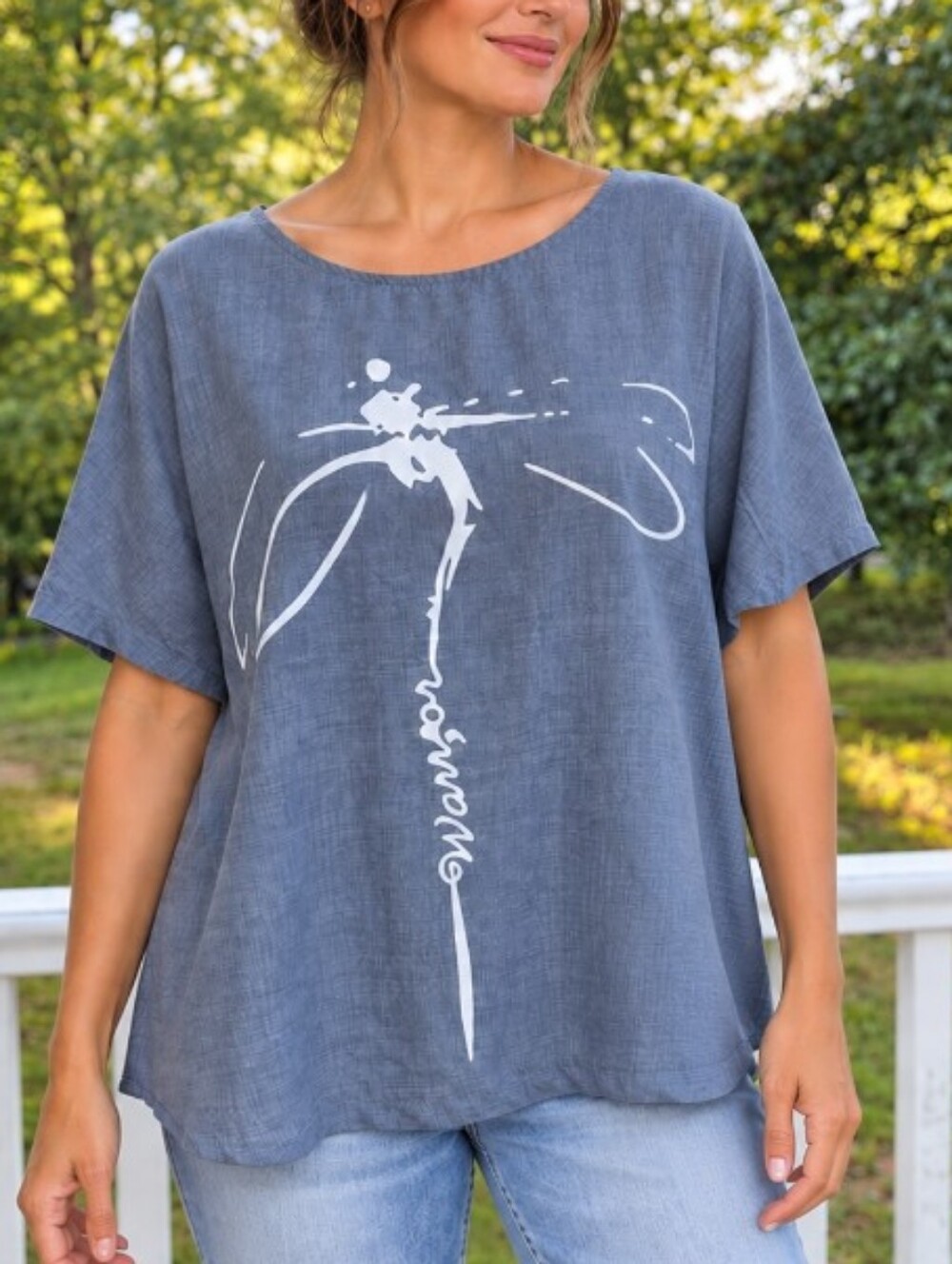 Size Largr Women's Slate Blue Short-Sleeve Graphic Top With the Word WARRIOR